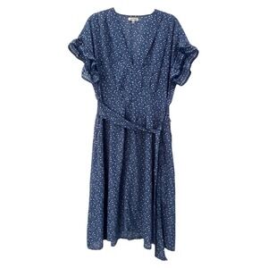 Max Studio Blue Floral Belted Midi Dress Pockets‎ Fit Flare Women Size L Casual